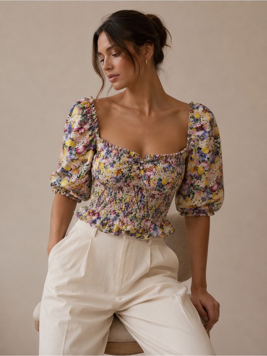Zara Tops - Zara Yellow Multi Colored Floral Smocked Puff Sleeve Cottagecore Top Size Large